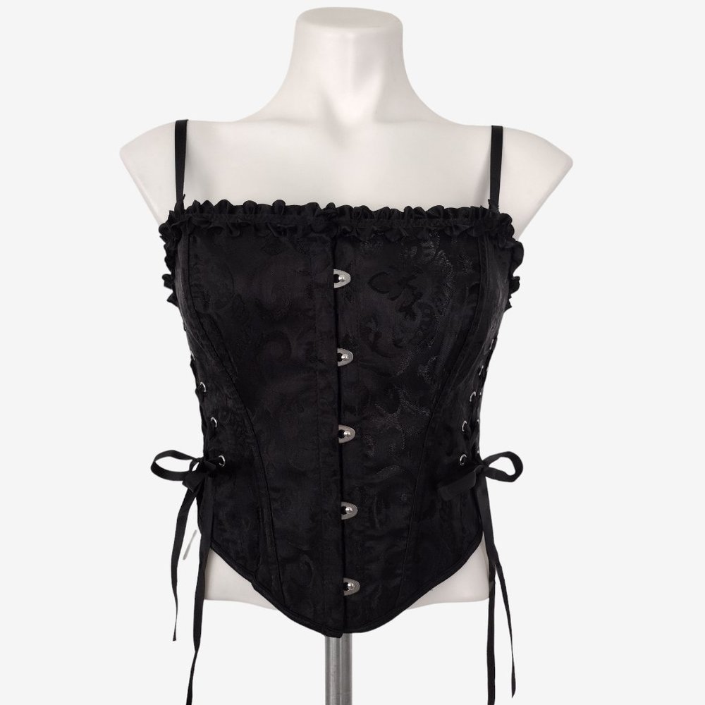 Black Jacquard Lace Up Side Convertible Strap Ruffle Trim Corset Top